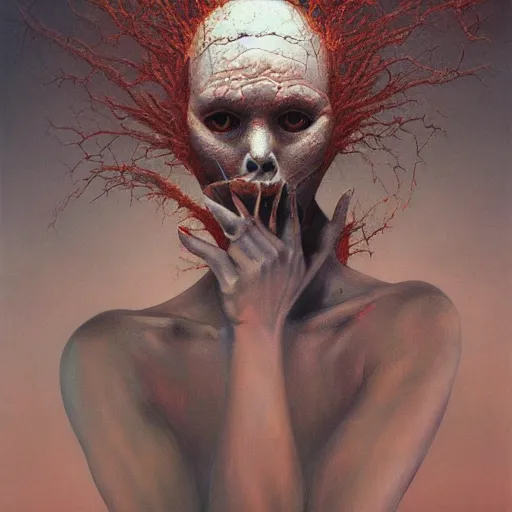 Image similar to dramatic portrait painting of woman with black mandelbrot fractal instead of face, in style of zdzisław beksinski, horror, body horror, dark, disturbing,