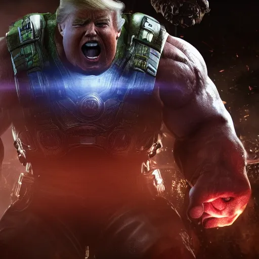 Image similar to ' donald trump as the hulk in gears of war, splash art, movie still, detailed face, maga, cinematic lighting, dramatic, octane render, long lens, shallow depth of field, bokeh, anamorphic lens flare, 8 k, hyper detailed, 3 5 mm film grain