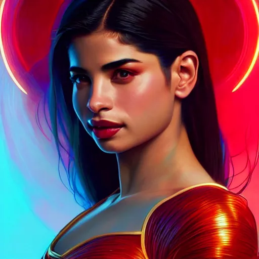 Image similar to anne curtis as darna, volumetric lights, red and cyan theme, art nouveau botanicals, intricate, highly detailed, digital painting, artstation, concept art, smooth, sharp focus, cinematic, illustration, beautiful face, art by artgerm and greg rutkowski and alphonse mucha