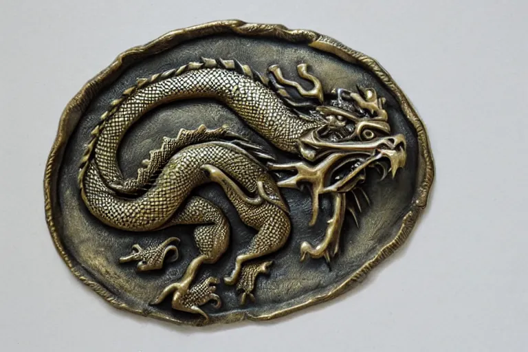 Image similar to belt buckle made of bronze, embossed dragon