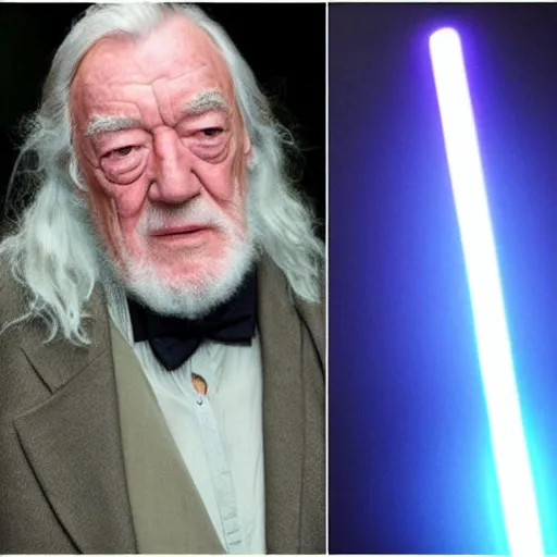 Image similar to michael gambon as albus dumbledore with a lightsaber