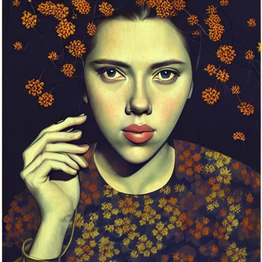 Image similar to “ scarlett johansson portrait by ikenaga yasunari and ayana otake and ko rakusui, 6 0 s poster, drawing, realistic, sharp focus, japanese, dreamy, nostalgia, faded, golden hues, floral clothes, porcelain skin ”