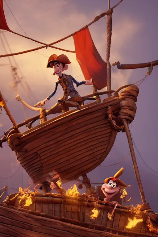 Image similar to a great pirate on his old pirate ship with a pirate flag. pixar disney 4 k 3 d render funny animation movie oscar winning trending on artstation and behance. ratatouille style.