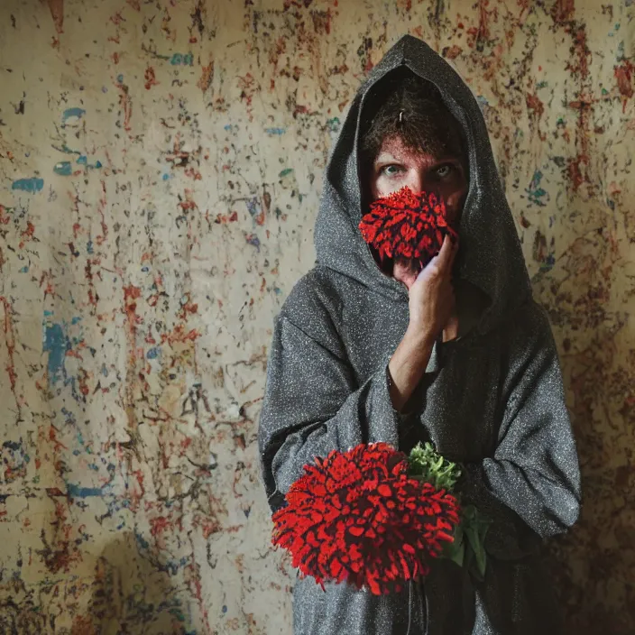 Image similar to a woman wearing a hooded cloak made of zinnias and barbed wire, in a derelict house, by Charlotte Grimm, natural light, detailed face, CANON Eos C300, ƒ1.8, 35mm, 8K, medium-format print