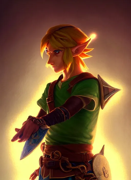 Image similar to portrait of link from the legend of zelda, intricate, elegant, glowing lights, highly detailed, digital painting, artstation, concept art, sharp focus, illustration, art by wlop, mars ravelo and greg rutkowski