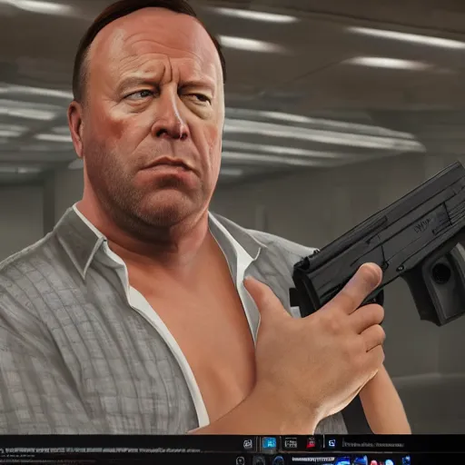 Prompt: hyperrealistic mixed media image of info wars alex jones wearing a bikini and wielding a handgun in gta v, stunning 3 d render inspired art by xiang duan and thomas eakes and greg rutkowski, perfect facial symmetry, hyper realistic texture, realistic, highly detailed attributes and atmosphere, dim volumetric cinematic lighting, 8 k octane detailed render, post - processing, masterpiece,