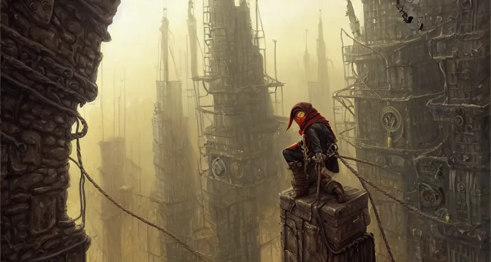 Prompt: landscape painting of a hooded thief in leathers using a rope to climb a tall metal steampunk buildings within a fantasy city with bridges, fine details, andreas rocha, magali villeneuve, artgerm, rutkowski