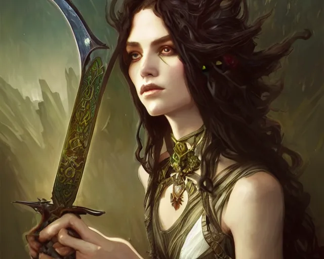 Image similar to changeling who is eclectic and has bushy hair along with a sword, deep focus, d & d, fantasy, intricate, elegant, highly detailed, digital painting, artstation, concept art, matte, sharp focus, illustration, hearthstone, art by artgerm and greg rutkowski and alphonse mucha