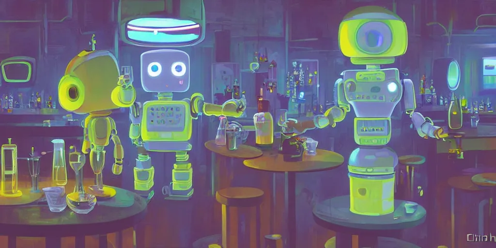 Prompt: a cute robot in a cyberpunk bar by chiho aoshima