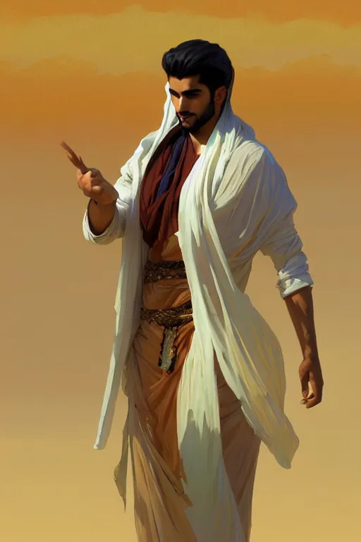 Image similar to full figure beautiful young fit arabic man, dressed with multicolored fluent clothes, luminous scene, by greg rutkowski and alphonse mucha, d & d character, gradient white to gold, in front of a dune desert background, highly detailed portrait, digital painting, artstation, concept art, smooth, sharp focus illustration, artstation hq