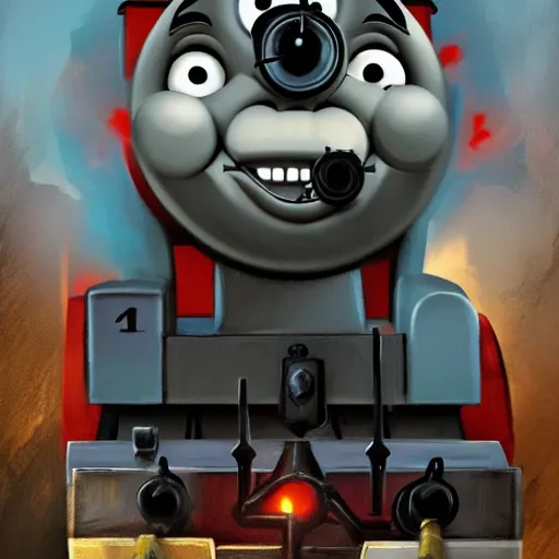 Image similar to gloomy and frightening thomas the engine goes straight to hell, artstation