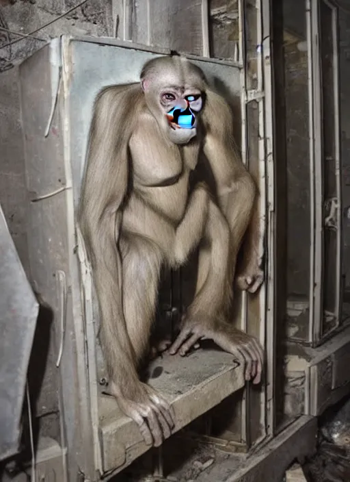 Image similar to scary hybrid human - ape, half human half ape inside fuse box in post communist apartment building