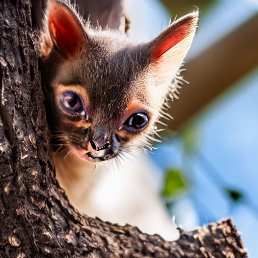 Image similar to a bat kitten, in a tree, Canon EOS R3, telephoto, very detailed, 4k