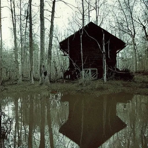 Prompt: Spooky cabin in the woods beside a small swamp, eerie, 1980s photo