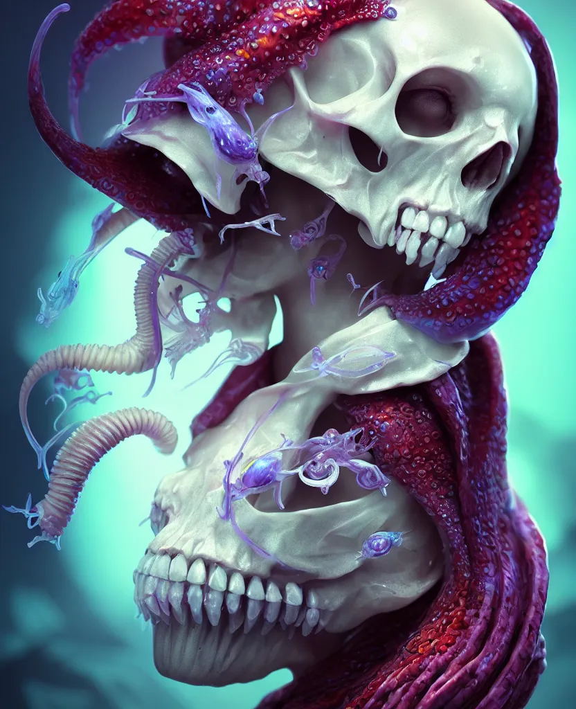 Image similar to hooded goddess close - up portrait hooded human skull, ram skull, squid phoenix jellyfish, orchid, betta fish, bioluminiscent, intricate artwork by tooth wu and wlop and beeple. octane render, trending on artstation, greg rutkowski very coherent symmetrical artwork. cinematic, hyper realism, high detail, octane render, 8 k