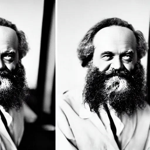 Prompt: Karl Marx smiling, photoshoot, 30mm, Taken with a Pentax1000, studio lighting