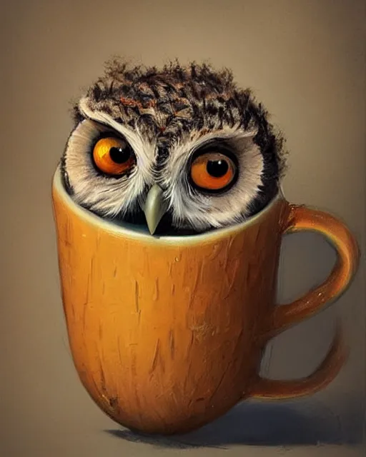 Image similar to long shot of a very cute owl chick nesting in a mug, esao andrews, humorous illustration, hyperrealistic, big depth of field, warm colors, night scenery, low light, 3 d octane render, 4 k, concept art, hyperdetailed, hyperrealistic, trending on artstation