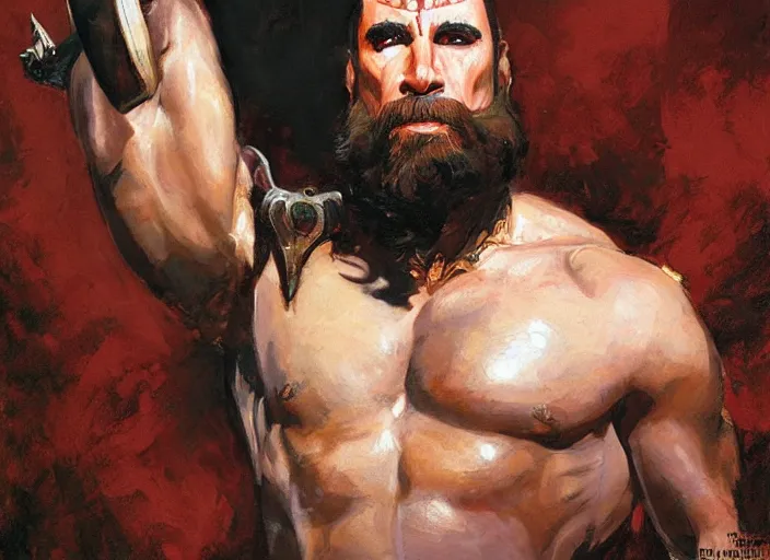 Prompt: a highly detailed beautiful portrait of john travolta as kratos, by gregory manchess, james gurney, james jean