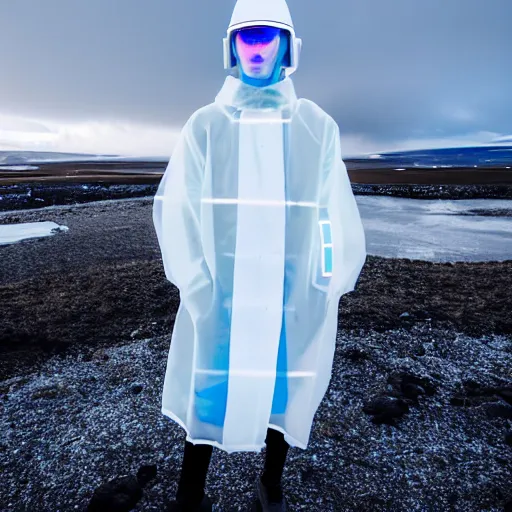 Prompt: an ultra high definition professional studio quality photograph of an artificially intelligent cyberpunk art influencer wearing a transparent iridescent pastel coloured face visor and matching ribbed raincoat on white coat hook in a sheer icelandic black rock environment. dramatic lighting. volumetric shadows. light rays