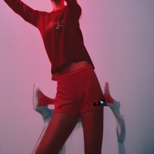 Image similar to realistic! photoshoot for a new nike lookbook, color film photography, portrait of a beautiful woman, red frontal light, in style of tyler mitchell, 35mm