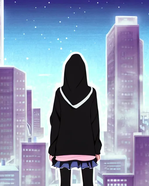 Prompt: black haired girl wearing hoodie, detailed city background, anime illustration by anmi