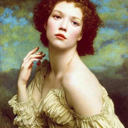 Image similar to portrait en buste of lea seydoux in an edwardian dress by frederic william burton and frederic leighton, abundantly detailed, perfectly detailed eyes