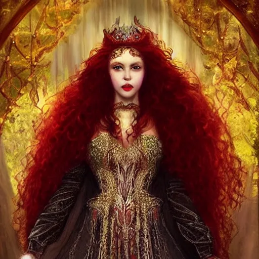 Image similar to Fantastic, fairytale, portrait, painting, beautiful!, female mage!, long flowing red hair, light emitting from fingertips, ornate gown, smoldering, serious, royalty kingdom, royal court, hyperreal, photoreal