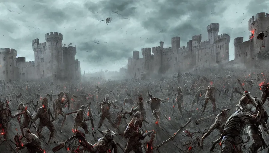 Image similar to zombie army running to english castle, wide view, hyperdetailed, artstation, cgsociety, 8 k