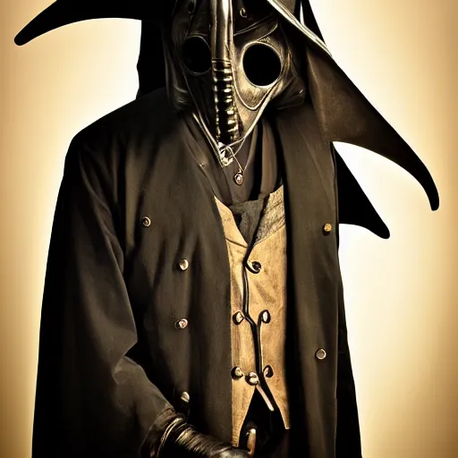 Image similar to The Plague doctor, steampunk style, studio portrait photo, 50mm lens