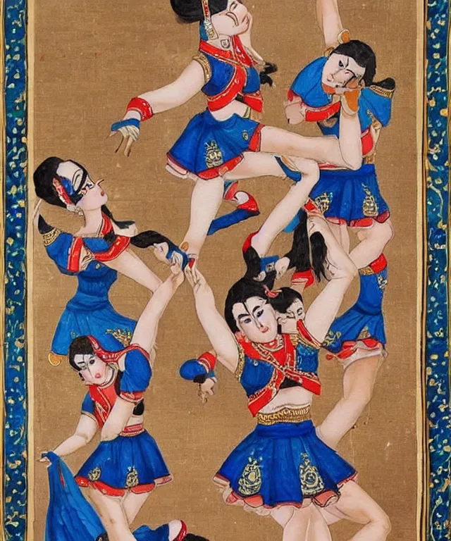 Image similar to a persian miniature painting, cute cheerleaders dancing, shorts, ultra sharp, extra details, ultra high quality, trending on pinteresst