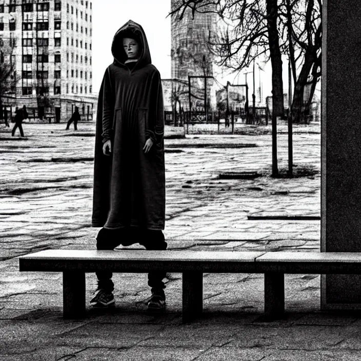 Image similar to sadie sink in hoodie sits on bench in ruined square, pedestrians walk by, old soviet monument. storyboard in the style of gabriel hardman. scifi cyberpunk. cinematic atmosphere, detailed and intricate, perfect anatomy