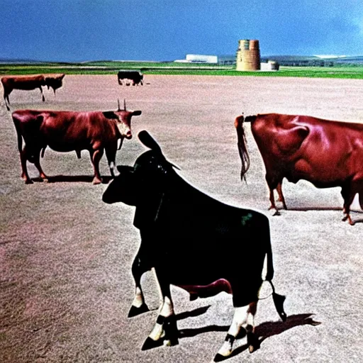 Prompt: Atom Heart Mother flying cow by Pink Floyd