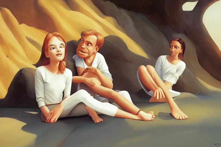 Image similar to beautiful painting of friends, beautiful faces, sitting on the edge, cute, soft light, digital painting by ralph mcquarrie and belotto bernardo