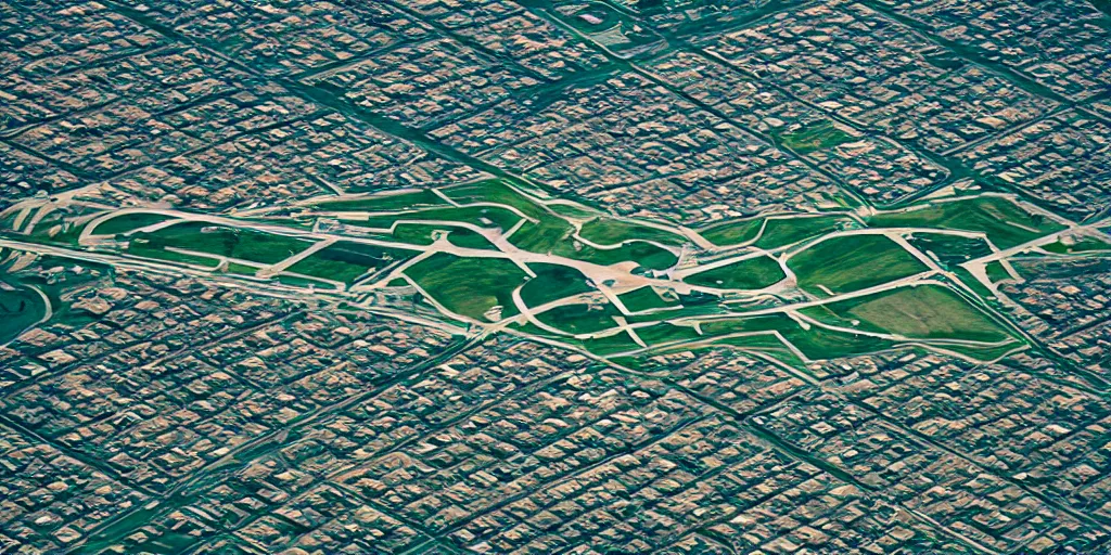 Prompt: endless suburbs, film still from the truman show, aerial isometric