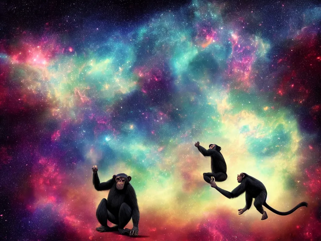 Image similar to a chimpanzee floating through outer space reaching out and touching nebula with it's finger, digital art, concept art, DeviantArt, art station illustration highly detailed artwork cinematic hyper realistic