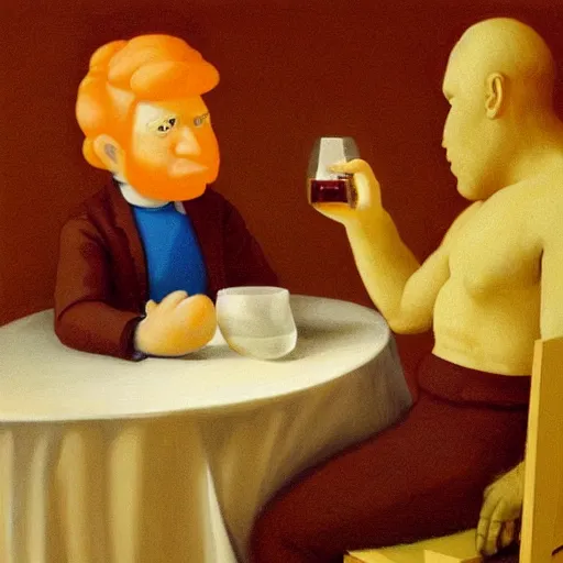 Prompt: a ginger-bread-man having a whiskey by Raphael, Hopper, and Rene Magritte. detailed, romantic, enchanting, trending on artstation.