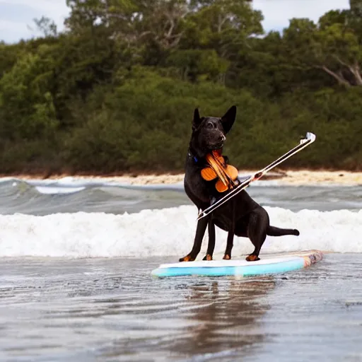 Image similar to dog playing violin on a surf board