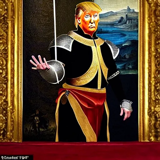 Prompt: full - body - front - shot!!!!!!!!!!!!, donald trump wearing knight'armor, crown, renaissance painting of a knight, detailed face of donald trump