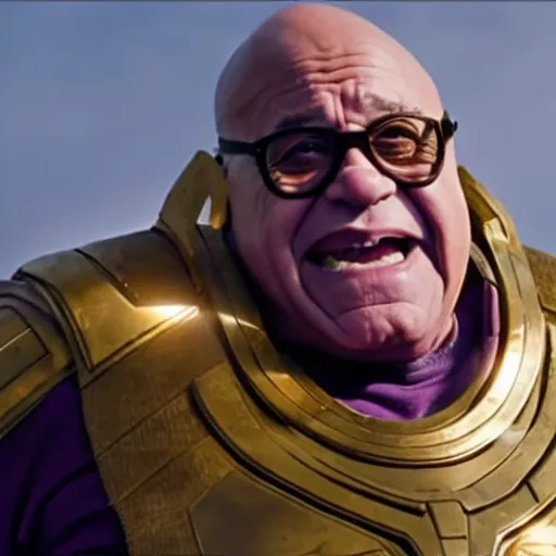 Prompt: film still of Danny Devito wearing his glasses as Thanos on the battlefield holding up infinity gauntlet in Avengers Infinity War