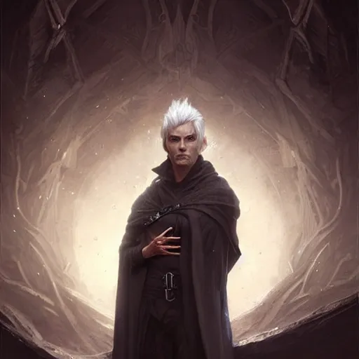 Image similar to portrait of an elf in a black cloak, male, silver hair, glowing eyes, detailed face, highly detailed, cinematic lighting, digital art painting by greg rutkowski.