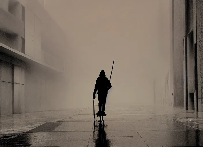 Image similar to a silhouetted person with long, flowing hair skateboards through an empty brutalist city in the rain, colored gel lighting, reflective surfaces, midnight, portra, film grain, high contrast, hyperdetailed, chromatic aberration, reminiscent of blade runner, dynamic pose