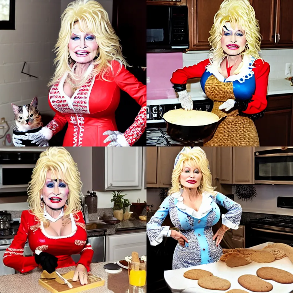 Prompt: Dolly Parton wearing a cat costume and baking cookies.