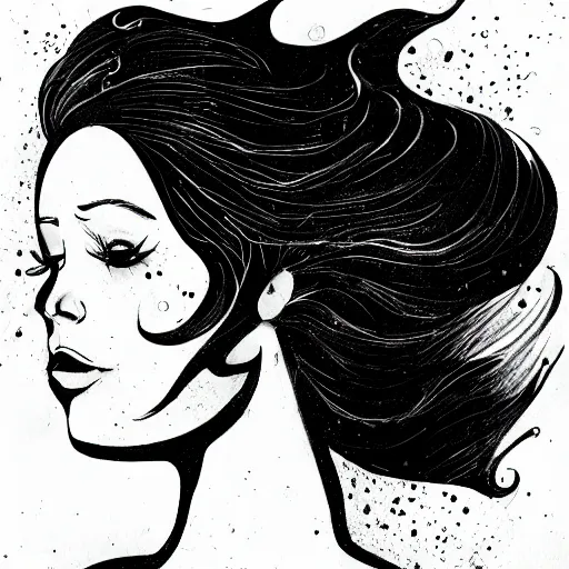 Image similar to A black ink portrait of a lonely beautiful woman with slightly opened lips and the the constellation in her black flowing hair, Trending on artstation