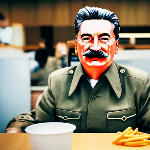 Prompt: a portrait of josef stalin in mcdonalds, sigma 8 5 mm f / 1. 4