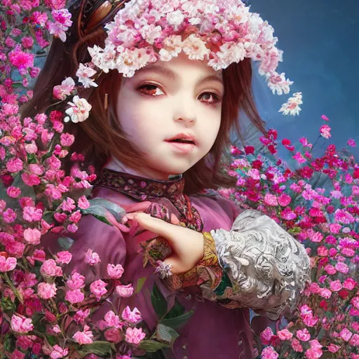 Image similar to the portrait of an absurdly cute, graceful, elegant, young arab baby girl made of cherry flowers and petals, an ultrafine hyperdetailed illustration by kim jung gi, irakli nadar, intricate linework, bright colors, octopath traveler, unreal engine 5 highly rendered, global illumination, radiant light, detailed and intricate environment