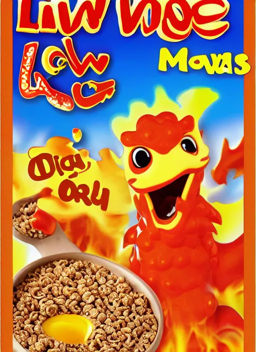 Image similar to lava - os cereal box front, cereal that tastes like lava, dragon mascot, high quality upload, 2 0 0 8