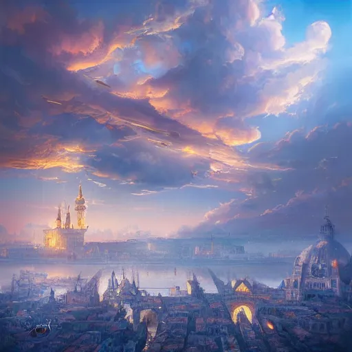 Image similar to magnificent baroque city floating in the sky, beautiful, surreal, highly detailed, sharp focus, sunset, by artgerm, cgsociety