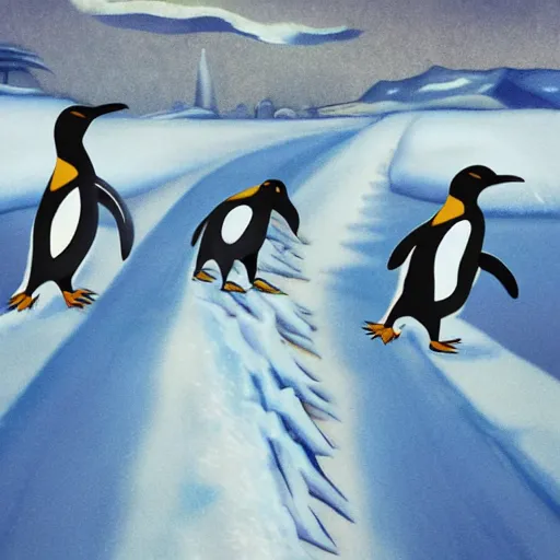 Prompt: penguins running away from lightening strikes while running on ice,, highly detailed, high quality, 8 k, soft lighting, art by mary jackson