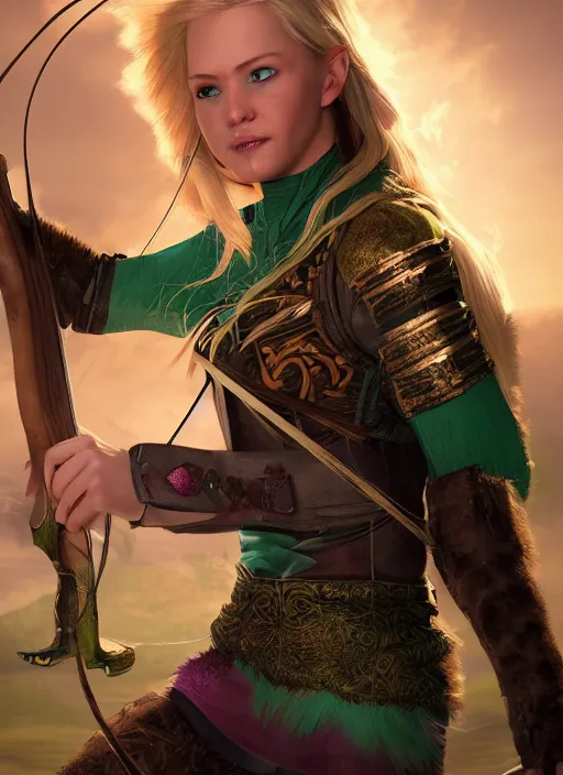 Image similar to An epic fantasy comic book style portrait painting of a young girl with long blonde hair and blue eyes. Wearing brown, green and pink leather tribal combat clothes. She is holding hunting bow. Unreal 5, DAZ, hyperrealistic, octane render, cosplay, RPG portrait, dynamic lighting