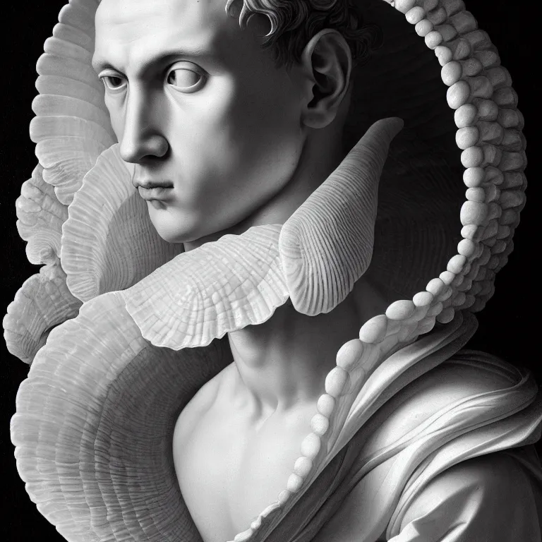 Image similar to young white man standing in a shell, beautiful baroque portrait painting, beautiful detailed intricate insanely detailed octane render trending on Artstation, 8K artistic photography, photorealistic, chiaroscuro, Raphael, Caravaggio, Sandro Botticelli